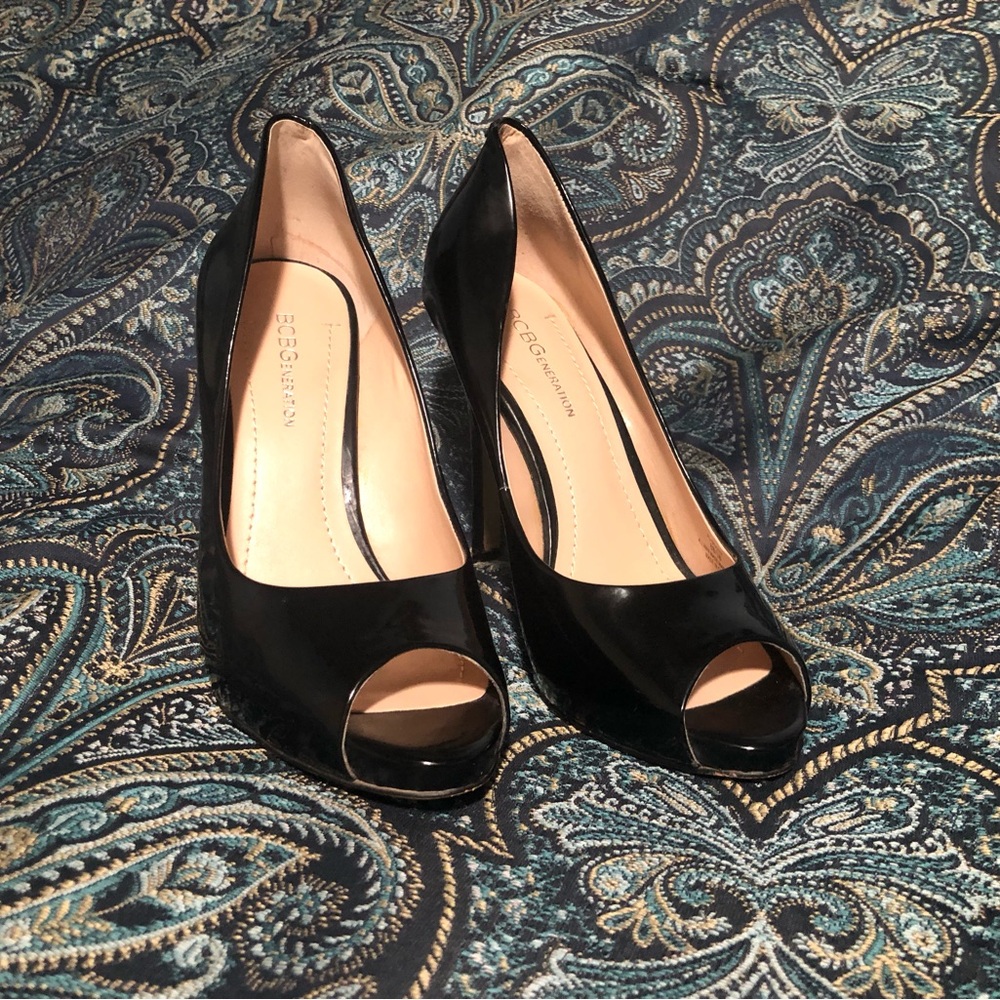 BCBG Elegant Black Patent Peep-Toe Heels
